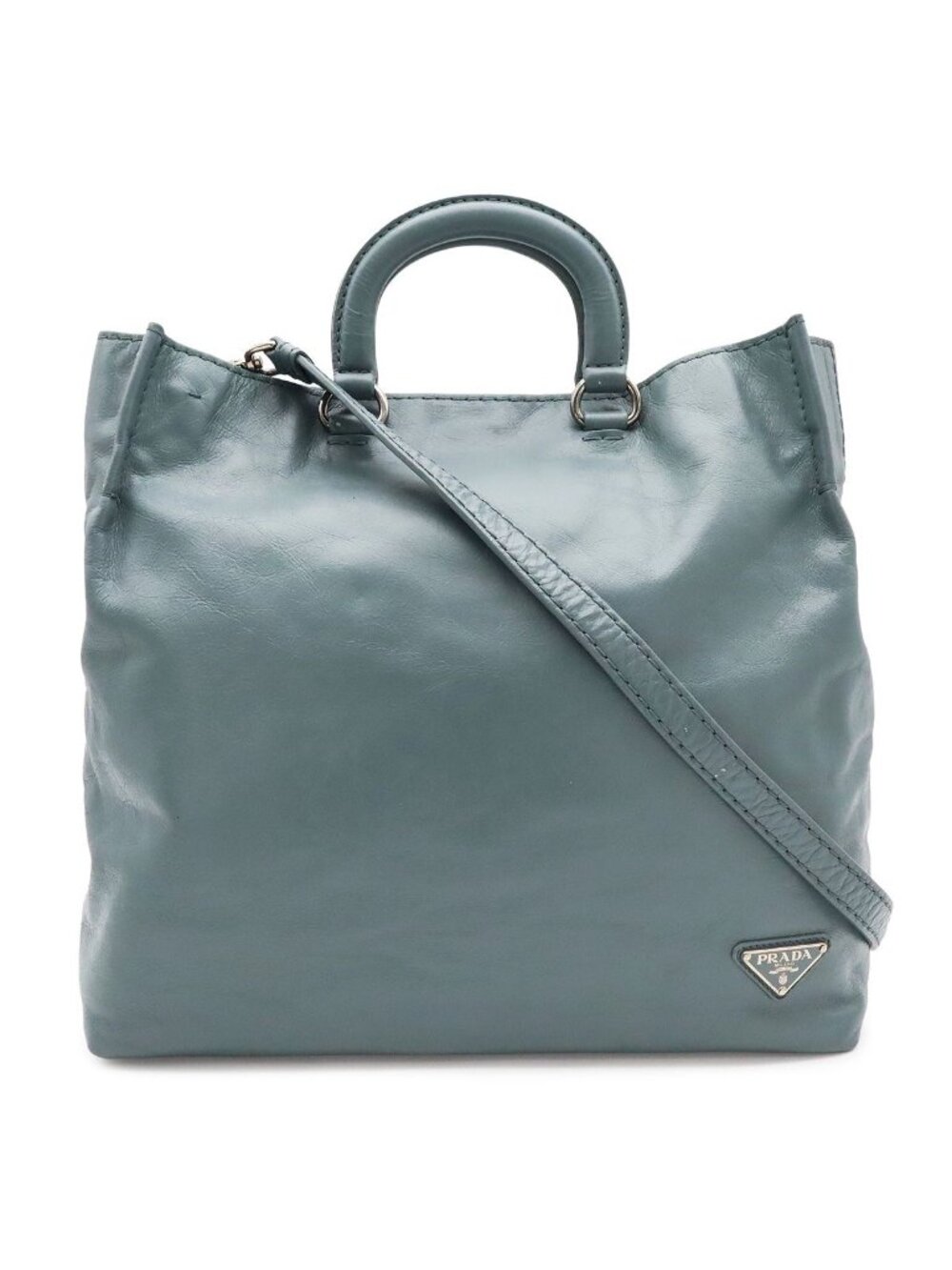 Prada Triangle Logo Tote Business 2-Way Shoulder Bag Leather Blue Gray Silver